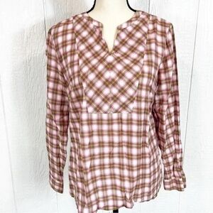 Talbots womens top size L  tunic cotton blouse pink plaid long sleeve NWT